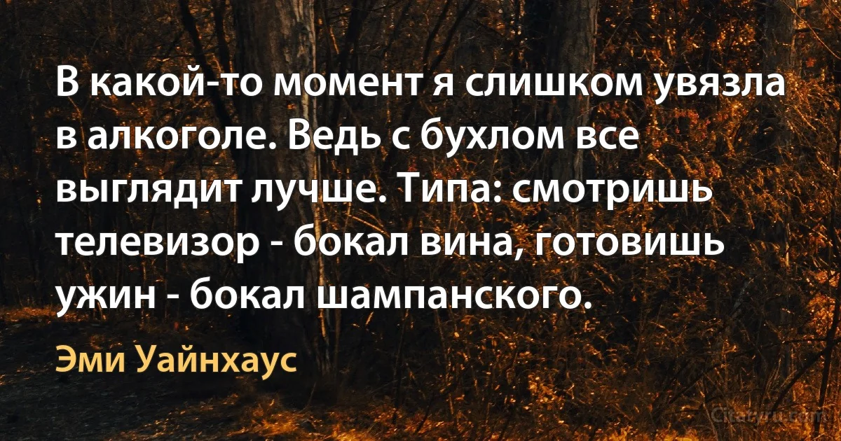 В какой-то момент я слишком увязла в алкоголе. Ведь с бухлом все выглядит лучше. Типа: смотришь телевизор - бокал вина, готовишь ужин - бокал шампанского. (Эми Уайнхаус)