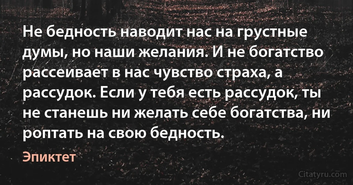 Не бедность наводит нас на грустные думы, но наши желания. И не богатство рассеивает в нас чувство страха, а рассудок. Если у тебя есть рассудок, ты не станешь ни желать себе богатства, ни роптать на свою бедность. (Эпиктет)