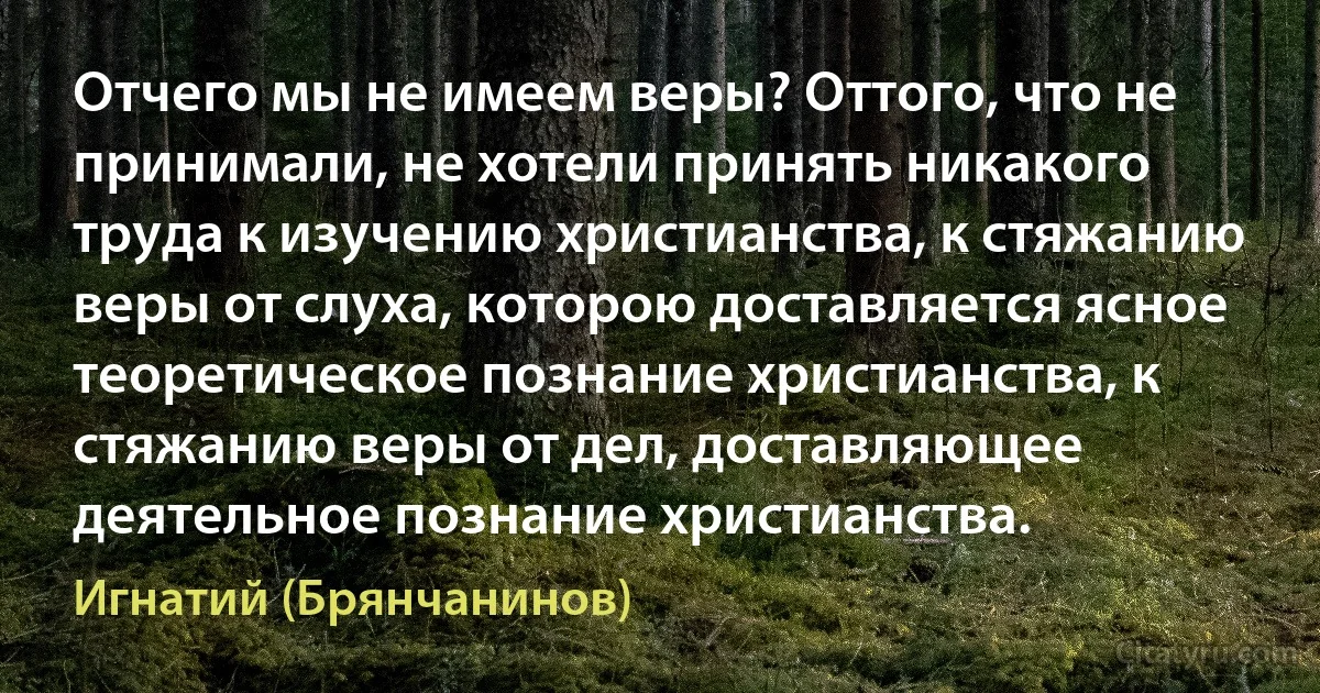 Отчего мы не имеем веры? Оттого, что не принимали, не хотели принять никакого труда к изучению христианства, к стяжанию веры от слуха, которою доставляется ясное теоретическое познание христианства, к стяжанию веры от дел, доставляющее деятельное познание христианства. (Игнатий (Брянчанинов))