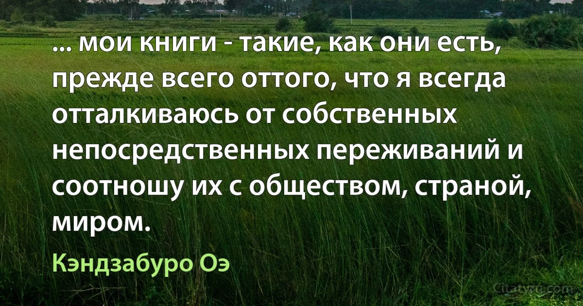 ... мои книги - такие, как они есть, прежде всего оттого, что я всегда отталкиваюсь от собственных непосредственных переживаний и соотношу их с обществом, страной, миром. (Кэндзабуро Оэ)