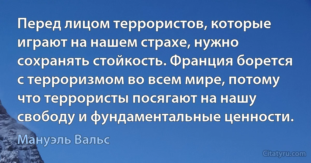 Перед лицом террористов, которые играют на нашем страхе, нужно сохранять стойкость. Франция борется с терроризмом во всем мире, потому что террористы посягают на нашу свободу и фундаментальные ценности. (Мануэль Вальс)