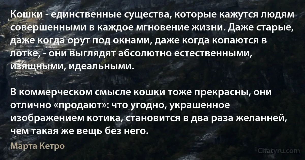 Кошки - единственные существа, которые кажутся людям совершенными в каждое мгновение жизни. Даже старые, даже когда орут под окнами, даже когда копаются в лотке, - они выглядят абсолютно естественными, изящными, идеальными.

В коммерческом смысле кошки тоже прекрасны, они отлично «продают»: что угодно, украшенное изображением котика, становится в два раза желанней, чем такая же вещь без него. (Марта Кетро)