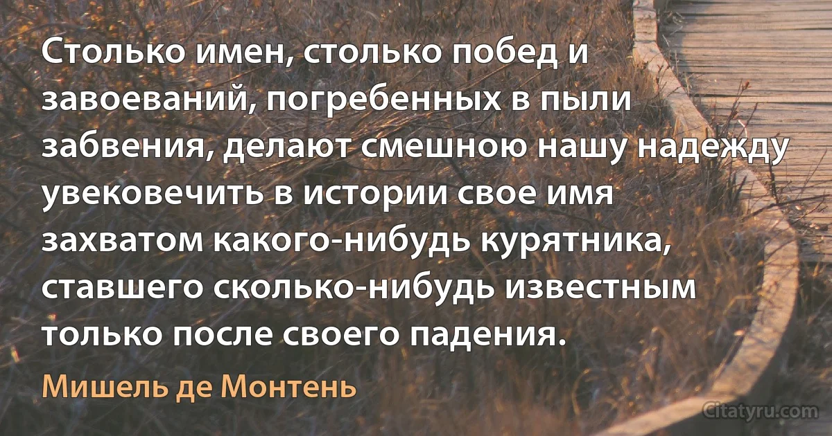 Столько имен, столько побед и завоеваний, погребенных в пыли забвения, делают смешною нашу надежду увековечить в истории свое имя захватом какого-нибудь курятника, ставшего сколько-нибудь известным только после своего падения. (Мишель де Монтень)