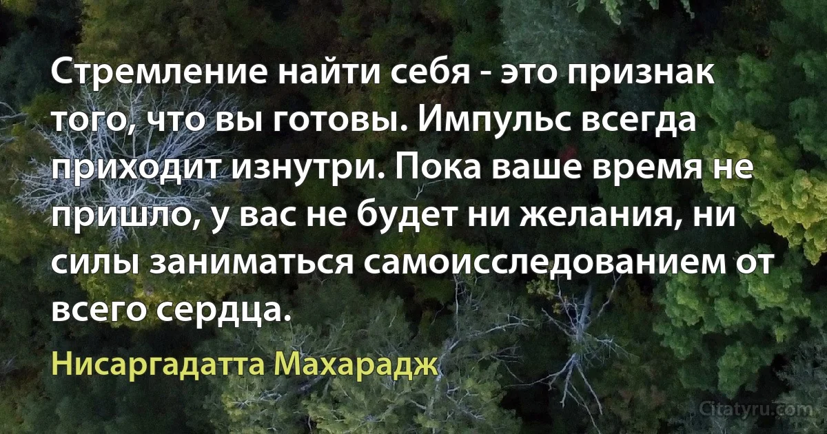 Стремление найти себя - это признак того, что вы готовы. Импульс всегда приходит изнутри. Пока ваше время не пришло, у вас не будет ни желания, ни силы заниматься самоисследованием от всего сердца. (Нисаргадатта Махарадж)