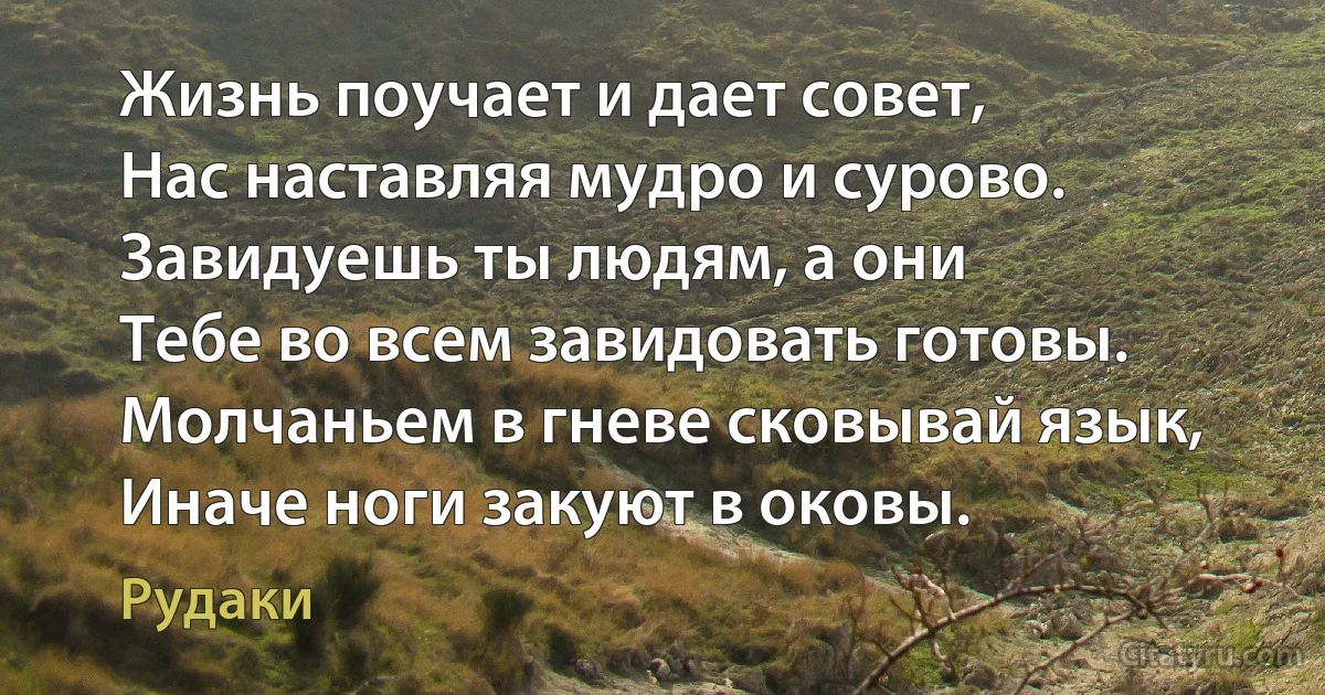 Жизнь поучает и дает совет,
Нас наставляя мудро и сурово.
Завидуешь ты людям, а они
Тебе во всем завидовать готовы.
Молчаньем в гневе сковывай язык,
Иначе ноги закуют в оковы. (Рудаки)