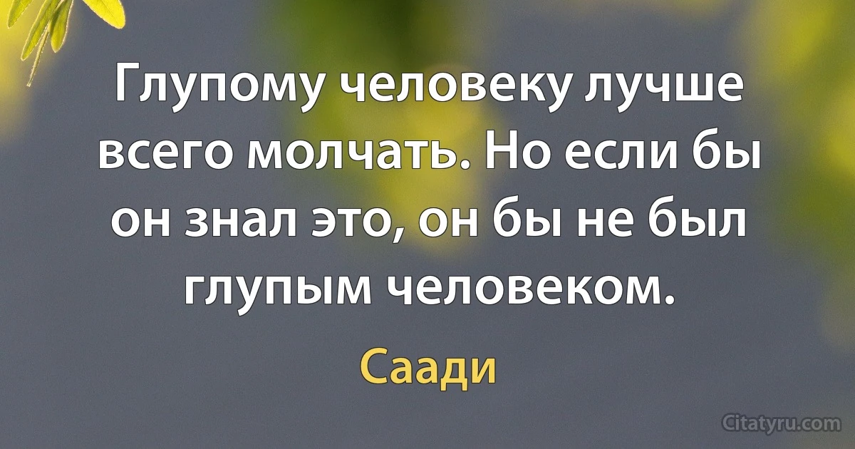 Глупому человеку лучше всего молчать. Но если бы он знал это, он бы не был глупым человеком. (Саади)