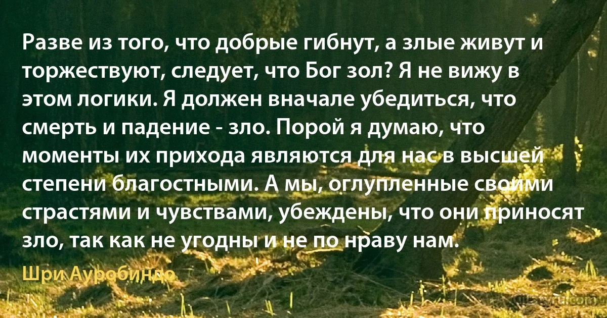 Разве из того, что добрые гибнут, а злые живут и торжествуют, следует, что Бог зол? Я не вижу в этом логики. Я должен вначале убедиться, что смерть и падение - зло. Порой я думаю, что моменты их прихода являются для нас в высшей степени благостными. А мы, оглупленные своими страстями и чувствами, убеждены, что они приносят зло, так как не угодны и не по нраву нам. (Шри Ауробиндо)