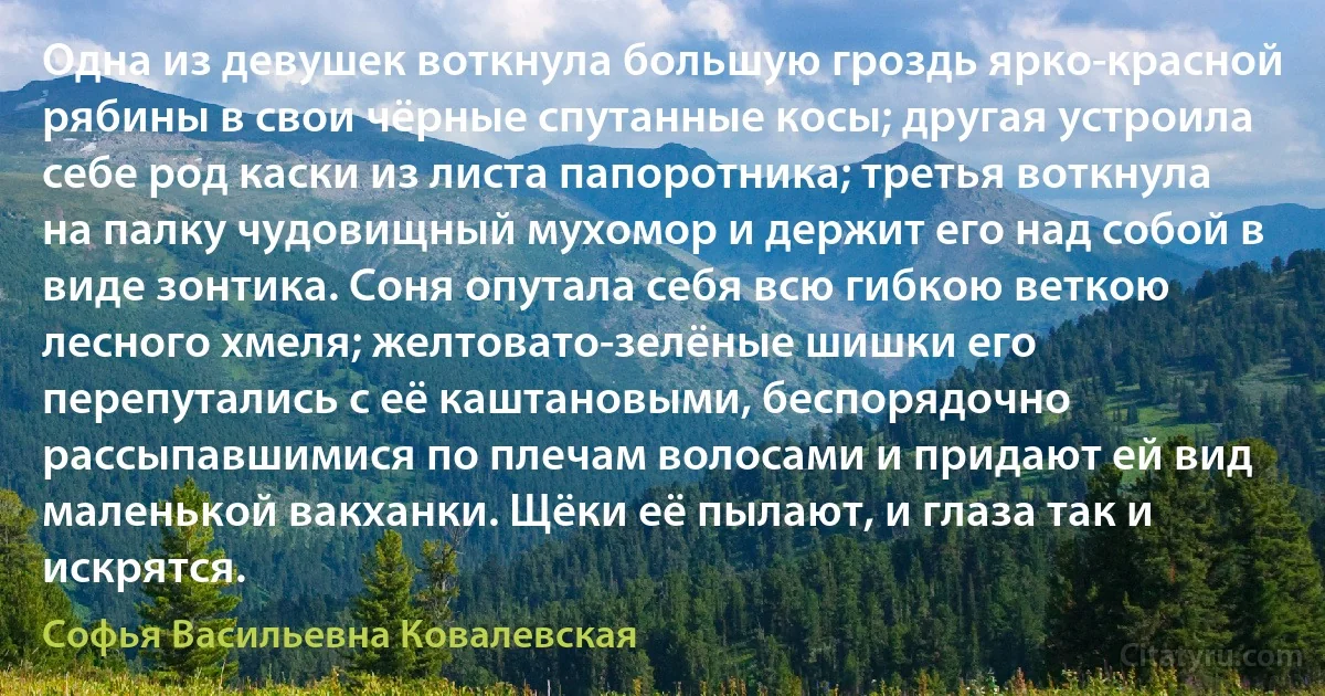 Одна из девушек воткнула большую гроздь ярко-красной рябины в свои чёрные спутанные косы; другая устроила себе род каски из листа папоротника; третья воткнула на палку чудовищный мухомор и держит его над собой в виде зонтика. Соня опутала себя всю гибкою веткою лесного хмеля; желтовато-зелёные шишки его перепутались с её каштановыми, беспорядочно рассыпавшимися по плечам волосами и придают ей вид маленькой вакханки. Щёки её пылают, и глаза так и искрятся. (Софья Васильевна Ковалевская)