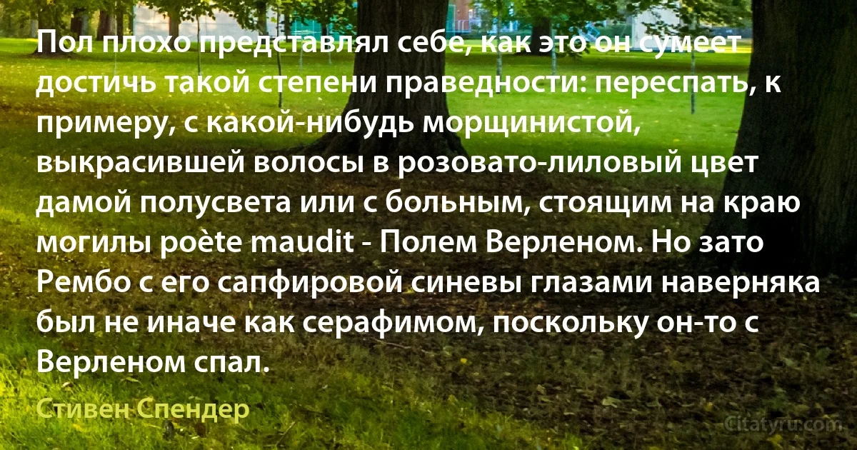 Пол плохо представлял себе, как это он сумеет достичь такой степени праведности: переспать, к примеру, с какой-нибудь морщинистой, выкрасившей волосы в розовато-лиловый цвет дамой полусвета или с больным, стоящим на краю могилы poète maudit - Полем Верленом. Но зато Рембо с его сапфировой синевы глазами наверняка был не иначе как серафимом, поскольку он-то с Верленом спал. (Стивен Спендер)