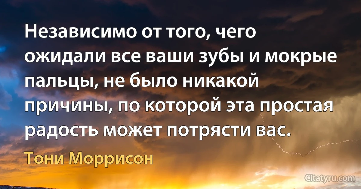 Независимо от того, чего ожидали все ваши зубы и мокрые пальцы, не было никакой причины, по которой эта простая радость может потрясти вас. (Тони Моррисон)