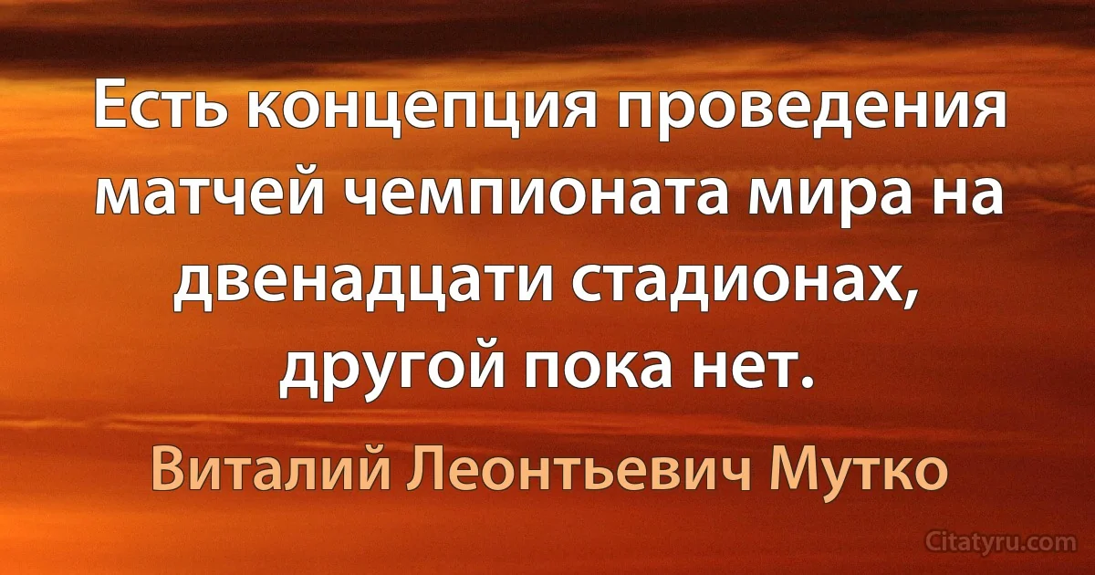 Есть концепция проведения матчей чемпионата мира на двенадцати стадионах, другой пока нет. (Виталий Леонтьевич Мутко)