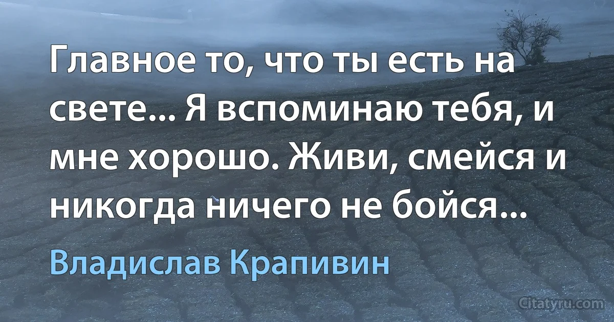 Главное то, что ты есть на свете... Я вспоминаю тебя, и мне хорошо. Живи, смейся и никогда ничего не бойся... (Владислав Крапивин)