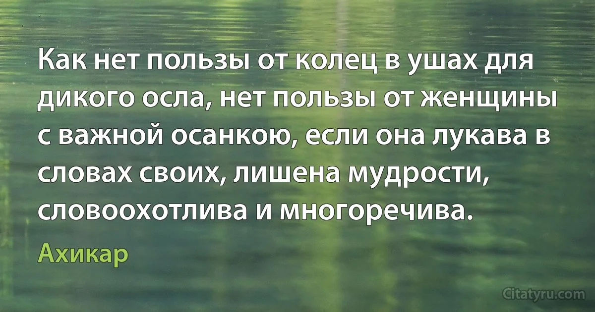 Как нет пользы от колец в ушах для дикого осла, нет пользы от женщины с важной осанкою, если она лукава в словах своих, лишена мудрости, словоохотлива и многоречива. (Ахикар)