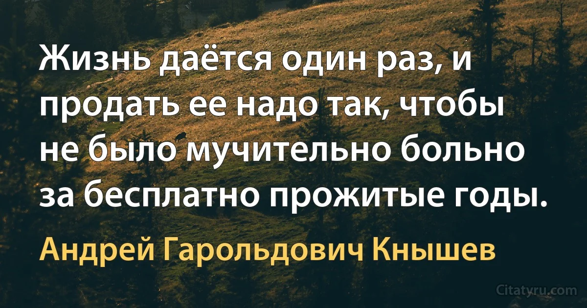 Жизнь даётся один раз, и продать ее надо так, чтобы не было мучительно больно за бесплатно прожитые годы. (Андрей Гарольдович Кнышев)