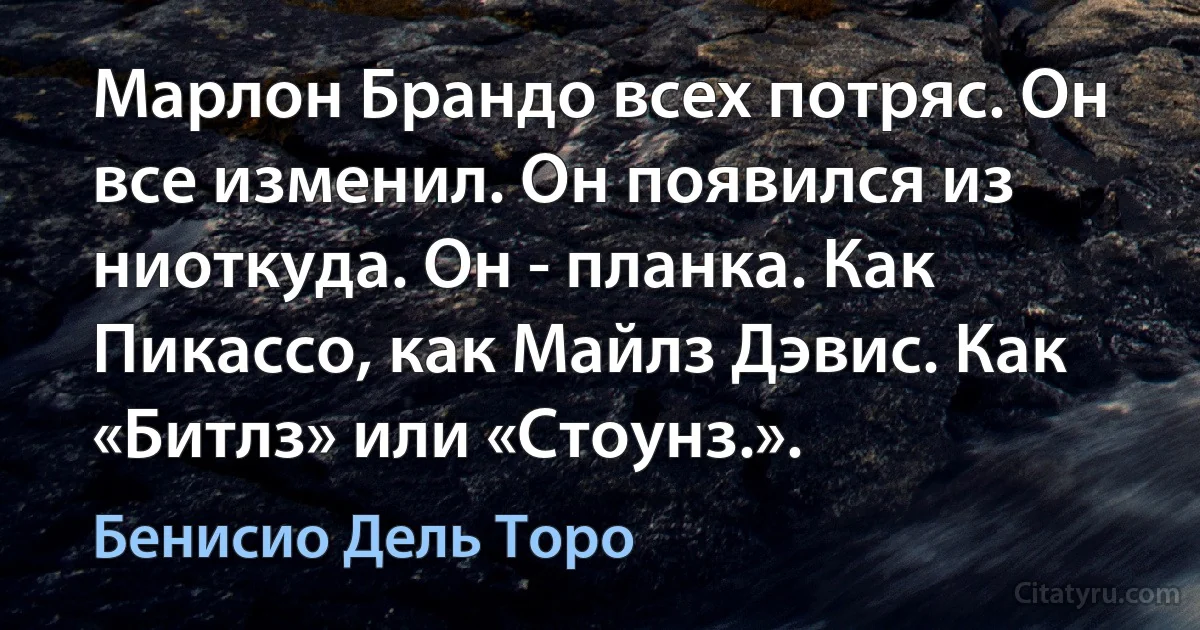 Марлон Брандо всех потряс. Он все изменил. Он появился из ниоткуда. Он - планка. Как Пикассо, как Майлз Дэвис. Как «Битлз» или «Стоунз.». (Бенисио Дель Торо)