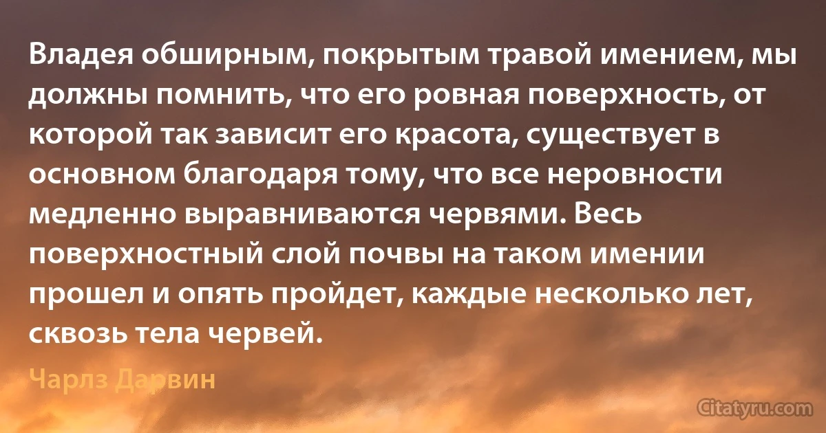 Владея обширным, покрытым травой имением, мы должны помнить, что его ровная поверхность, от которой так зависит его красота, существует в основном благодаря тому, что все неровности медленно выравниваются червями. Весь поверхностный слой почвы на таком имении прошел и опять пройдет, каждые несколько лет, сквозь тела червей. (Чарлз Дарвин)