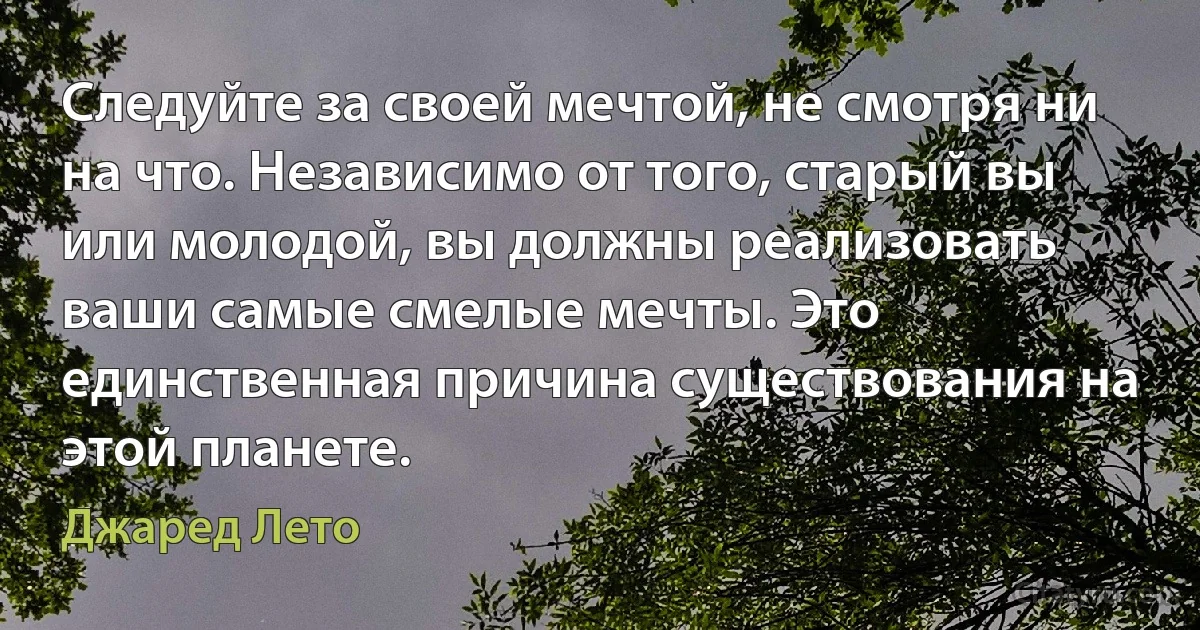 Следуйте за своей мечтой, не смотря ни на что. Независимо от того, старый вы или молодой, вы должны реализовать ваши самые смелые мечты. Это единственная причина существования на этой планете. (Джаред Лето)