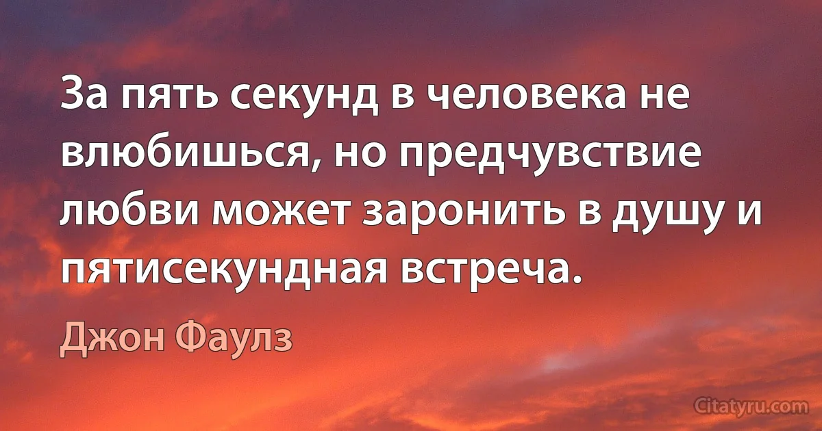 За пять секунд в человека не влюбишься, но предчувствие любви может заронить в душу и пятисекундная встреча. (Джон Фаулз)