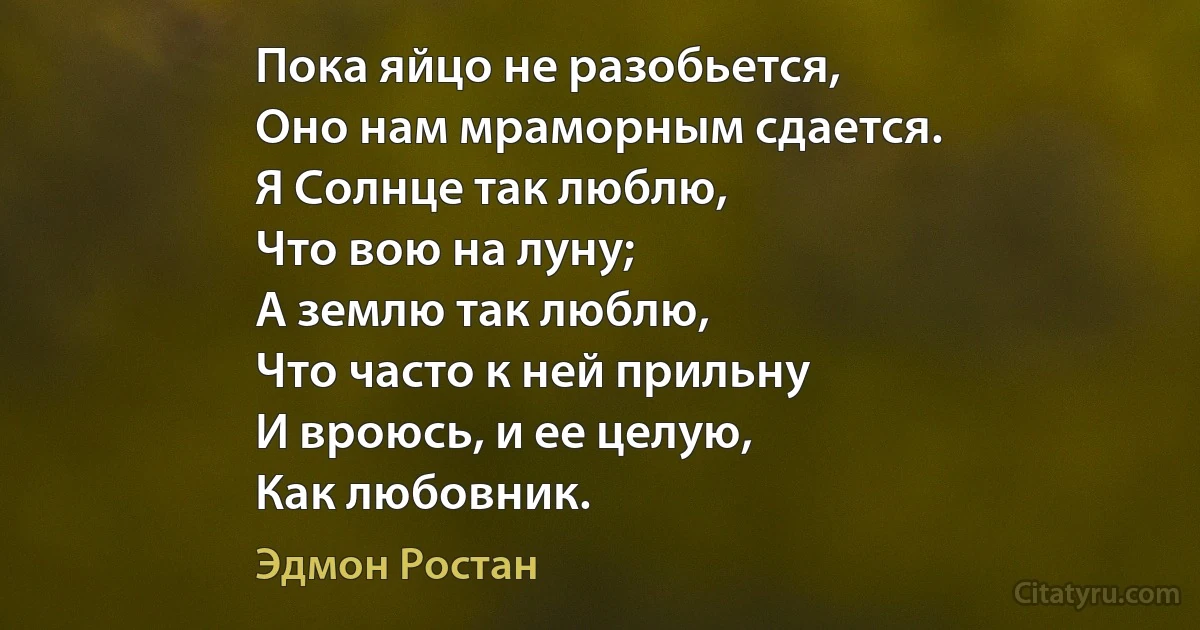 Пока яйцо не разобьется,
Оно нам мраморным сдается.
Я Солнце так люблю,
Что вою на луну;
А землю так люблю, 
Что часто к ней прильну
И вроюсь, и ее целую,
Как любовник. (Эдмон Ростан)