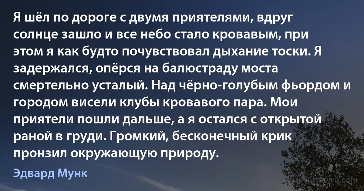 Я шёл по дороге с двумя приятелями, вдруг солнце зашло и все небо стало кровавым, при этом я как будто почувствовал дыхание тоски. Я задержался, опёрся на балюстраду моста смертельно усталый. Над чёрно-голубым фьордом и городом висели клубы кровавого пара. Мои приятели пошли дальше, а я остался с открытой раной в груди. Громкий, бесконечный крик пронзил окружающую природу. (Эдвард Мунк)