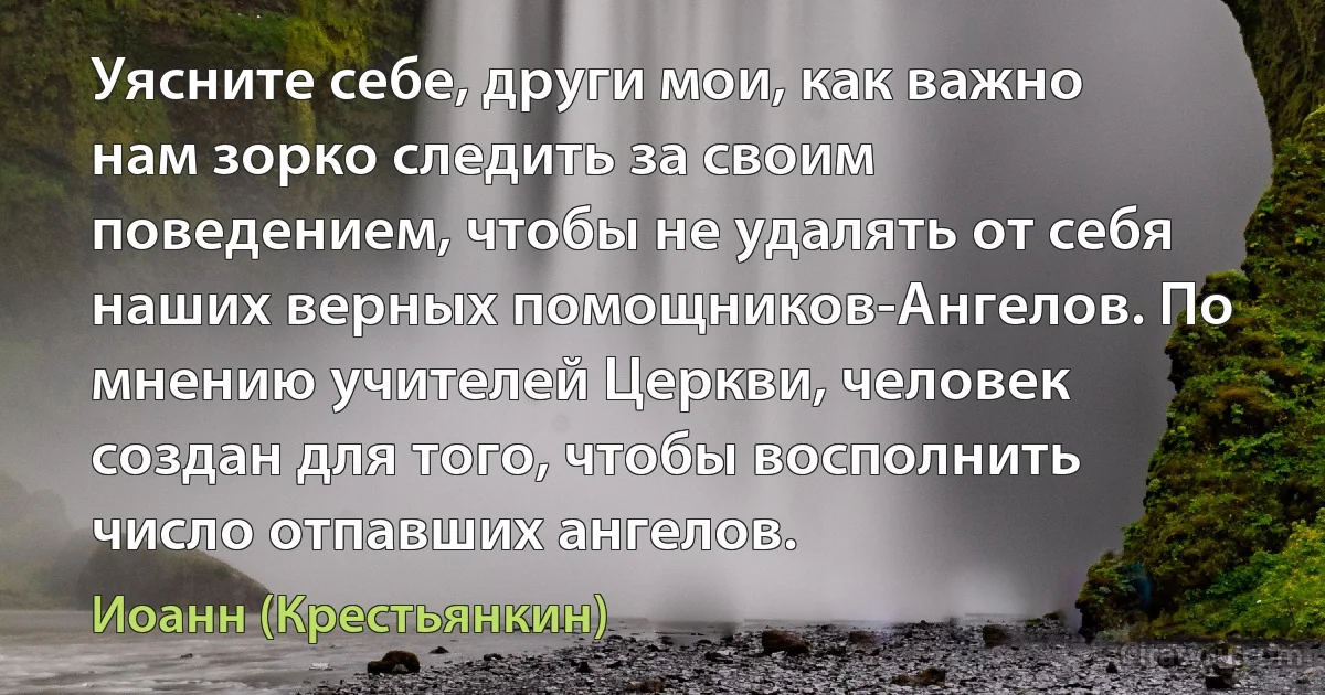 Уясните себе, други мои, как важно нам зорко следить за своим поведением, чтобы не удалять от себя наших верных помощников-Ангелов. По мнению учителей Церкви, человек создан для того, чтобы восполнить число отпавших ангелов. (Иоанн (Крестьянкин))