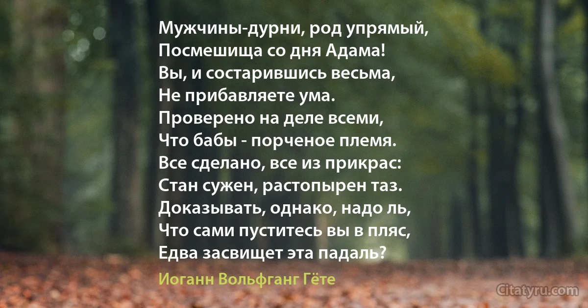 Мужчины-дурни, род упрямый, 
Посмешища со дня Адама! 
Вы, и состарившись весьма,
Не прибавляете ума. 
Проверено на деле всеми,
Что бабы - порченое племя. 
Все сделано, все из прикрас: 
Стан сужен, растопырен таз. 
Доказывать, однако, надо ль, 
Что сами пуститесь вы в пляс,
Едва засвищет эта падаль? (Иоганн Вольфганг Гёте)