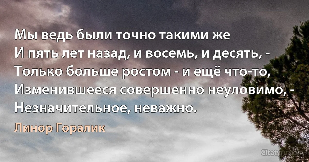 Мы ведь были точно такими же
И пять лет назад, и восемь, и десять, -
Только больше ростом - и ещё что-то,
Изменившееся совершенно неуловимо, -
Незначительное, неважно. (Линор Горалик)