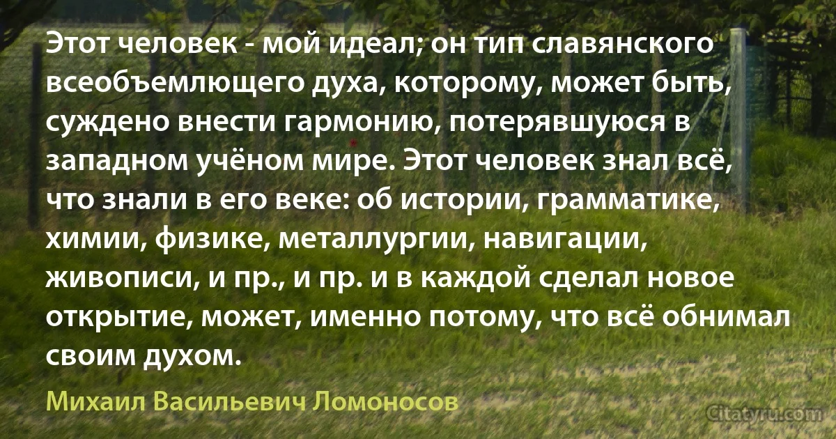 Этот человек - мой идеал; он тип славянского всеобъемлющего духа, которому, может быть, суждено внести гармонию, потерявшуюся в западном учёном мире. Этот человек знал всё, что знали в его веке: об истории, грамматике, химии, физике, металлургии, навигации, живописи, и пр., и пр. и в каждой сделал новое открытие, может, именно потому, что всё обнимал своим духом. (Михаил Васильевич Ломоносов)