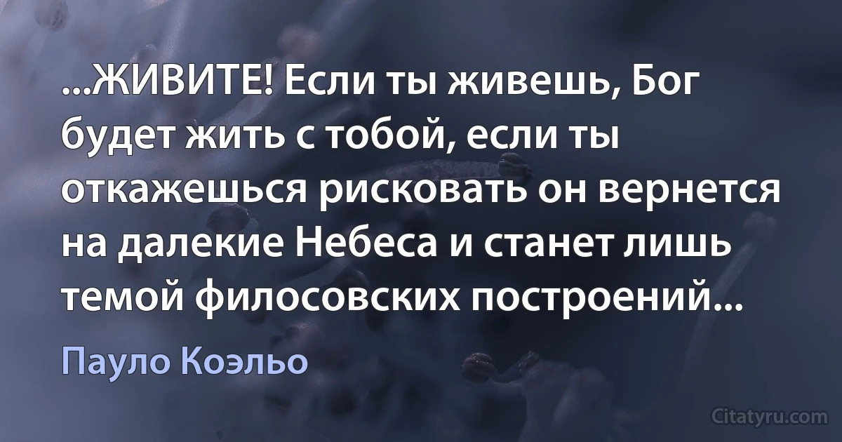 ...ЖИВИТЕ! Если ты живешь, Бог будет жить с тобой, если ты откажешься рисковать он вернется на далекие Небеса и станет лишь темой филосовских построений... (Пауло Коэльо)