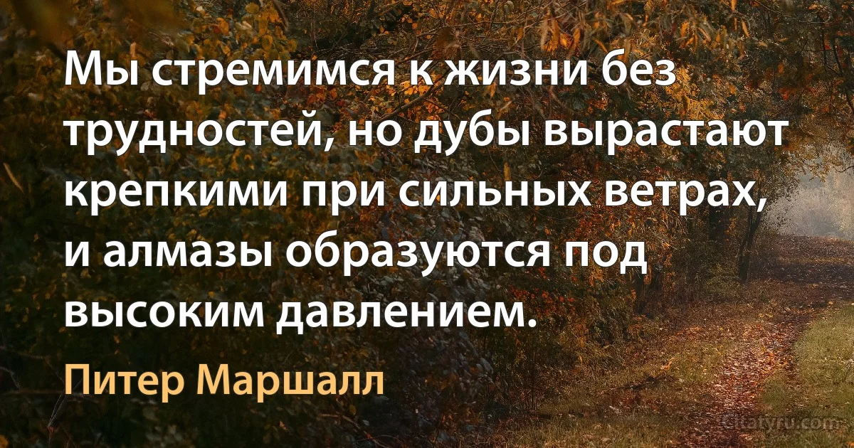 Мы стремимся к жизни без трудностей, но дубы вырастают крепкими при сильных ветрах, и алмазы образуются под высоким давлением. (Питер Маршалл)