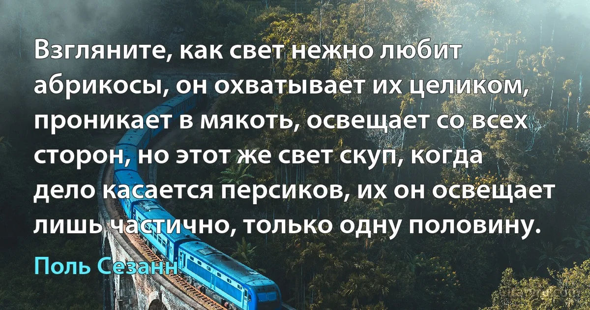 Взгляните, как свет нежно любит абрикосы, он охватывает их целиком, проникает в мякоть, освещает со всех сторон, но этот же свет скуп, когда дело касается персиков, их он освещает лишь частично, только одну половину. (Поль Сезанн)