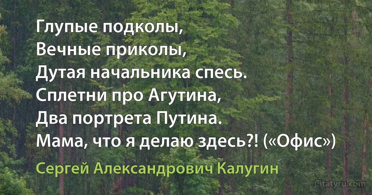 Глупые подколы,
Вечные приколы,
Дутая начальника спесь.
Сплетни про Агутина,
Два портрета Путина.
Мама, что я делаю здесь?! («Офис») (Сергей Александрович Калугин)