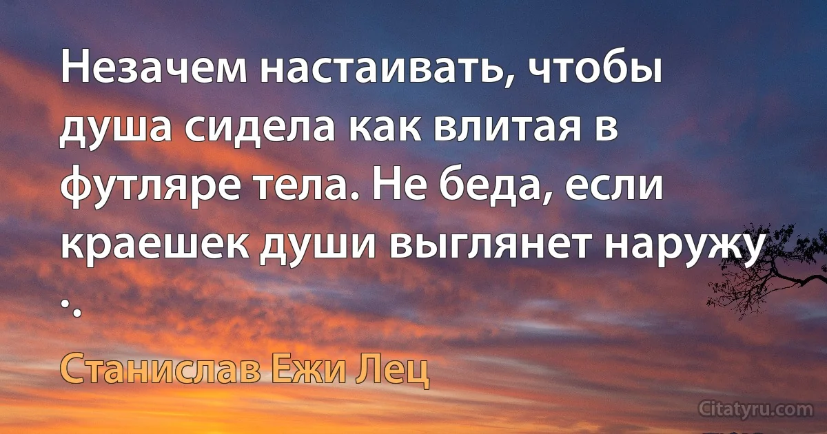 Незачем настаивать, чтобы душа сидела как влитая в футляре тела. Не беда, если краешек души выглянет наружу ·. (Станислав Ежи Лец)