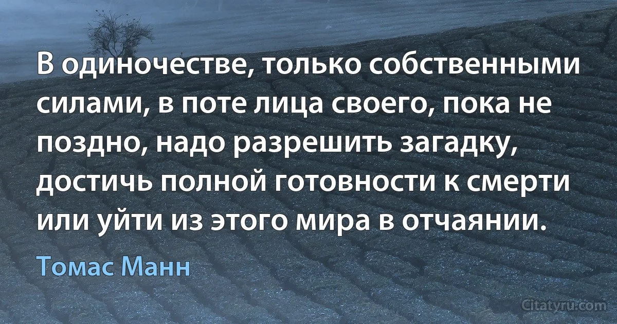 В одиночестве, только собственными силами, в поте лица своего, пока не поздно, надо разрешить загадку, достичь полной готовности к смерти или уйти из этого мира в отчаянии. (Томас Манн)