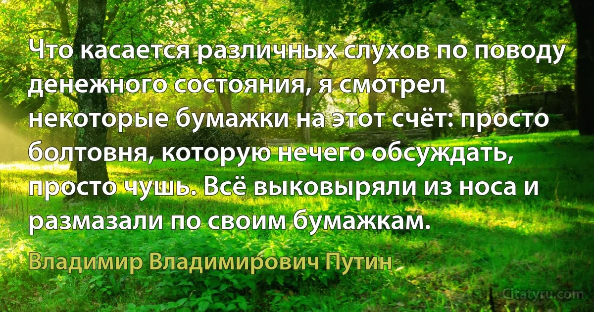 Что касается различных слухов по поводу денежного состояния, я смотрел некоторые бумажки на этот счёт: просто болтовня, которую нечего обсуждать, просто чушь. Всё выковыряли из носа и размазали по своим бумажкам. (Владимир Владимирович Путин)