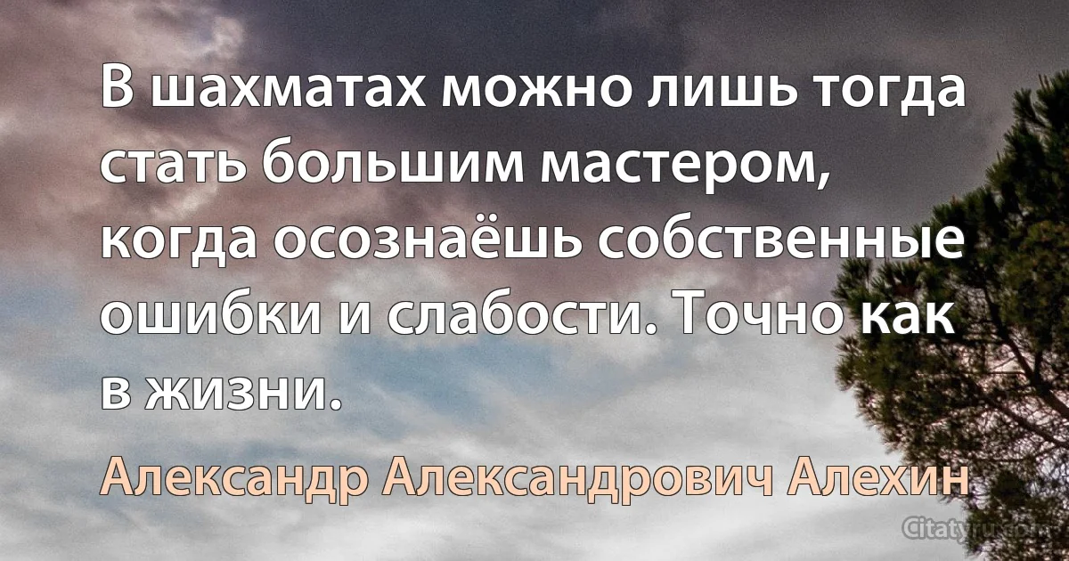 В шахматах можно лишь тогда стать большим мастером, когда осознаёшь собственные ошибки и слабости. Точно как в жизни. (Александр Александрович Алехин)