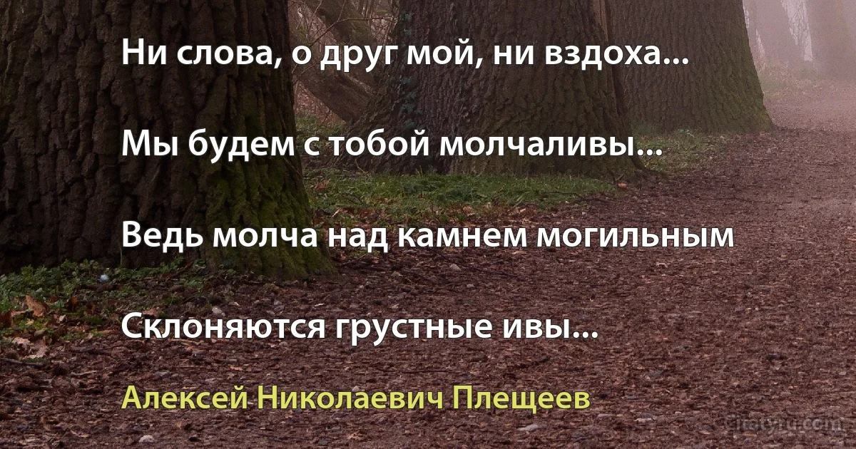 Ни слова, о друг мой, ни вздоха...

Мы будем с тобой молчаливы...

Ведь молча над камнем могильным

Склоняются грустные ивы... (Алексей Николаевич Плещеев)