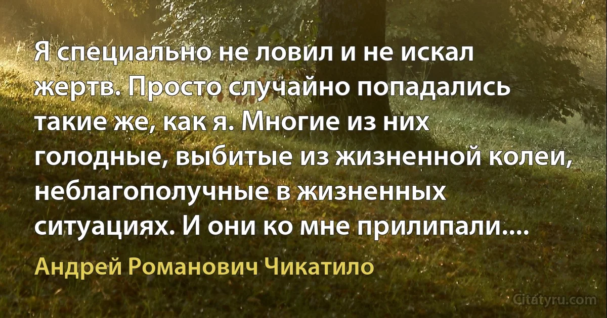 Я специально не ловил и не искал жертв. Просто случайно попадались такие же, как я. Многие из них голодные, выбитые из жизненной колеи, неблагополучные в жизненных ситуациях. И они ко мне прилипали.... (Андрей Романович Чикатило)