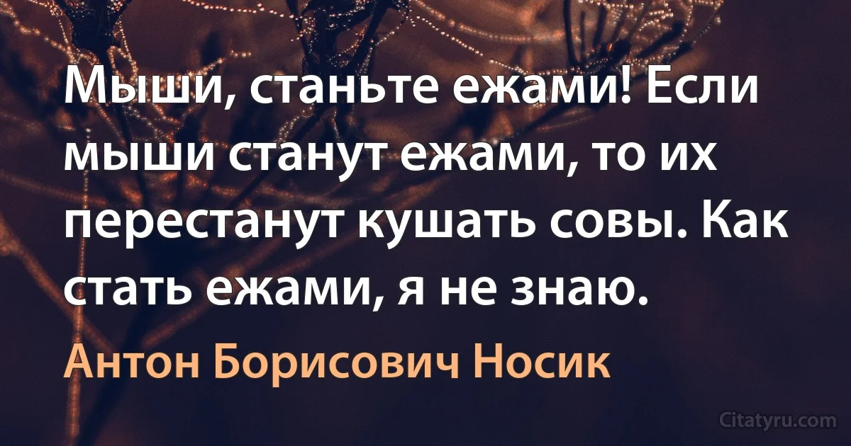 Мыши, станьте ежами! Если мыши станут ежами, то их перестанут кушать совы. Как стать ежами, я не знаю. (Антон Борисович Носик)