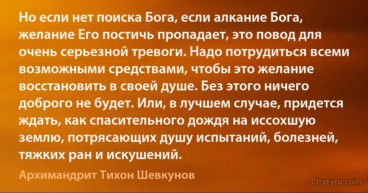 Но если нет поиска Бога, если алкание Бога, желание Его постичь пропадает, это повод для очень серьезной тревоги. Надо потрудиться всеми возможными средствами, чтобы это желание восстановить в своей душе. Без этого ничего доброго не будет. Или, в лучшем случае, придется ждать, как спасительного дождя на иссохшую землю, потрясающих душу испытаний, болезней, тяжких ран и искушений. (Архимандрит Тихон Шевкунов)