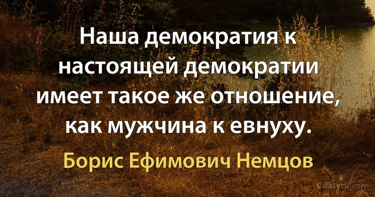 Наша демократия к настоящей демократии имеет такое же отношение, как мужчина к евнуху. (Борис Ефимович Немцов)