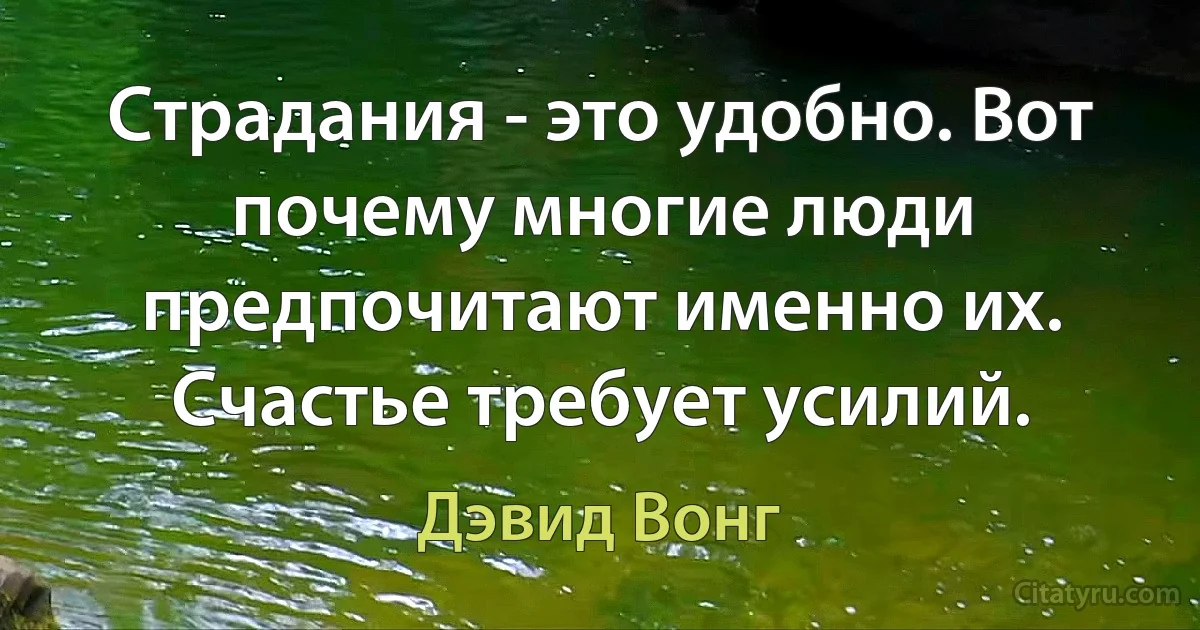 Страдания - это удобно. Вот почему многие люди предпочитают именно их. Счастье требует усилий. (Дэвид Вонг)