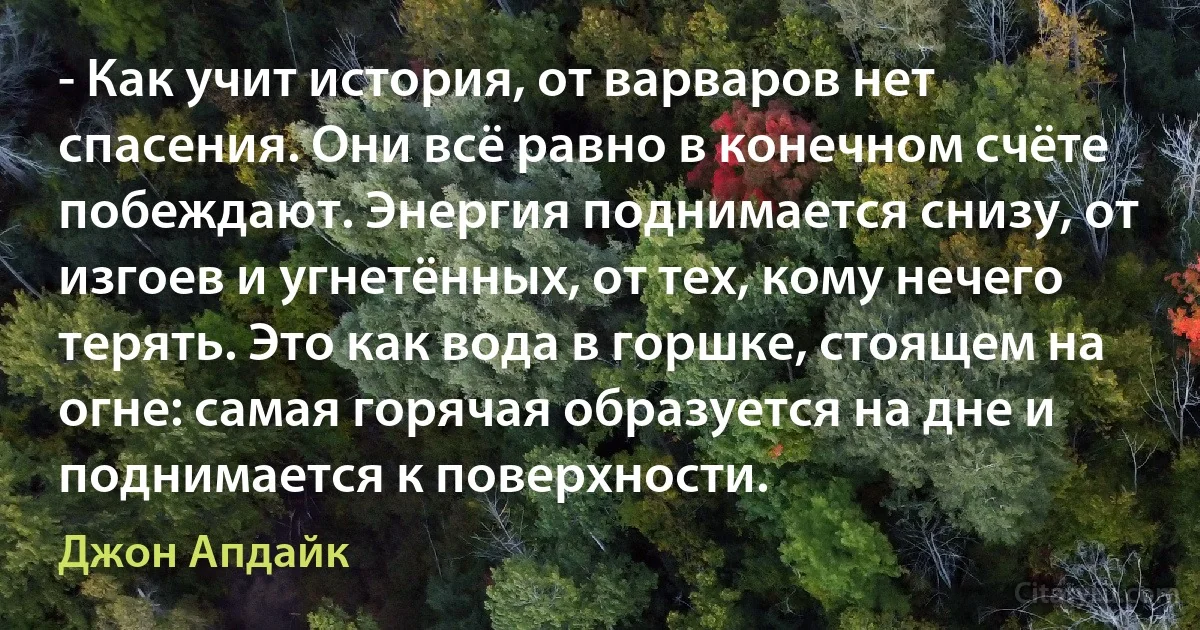 - Как учит история, от варваров нет спасения. Они всё равно в конечном счёте побеждают. Энергия поднимается снизу, от изгоев и угнетённых, от тех, кому нечего терять. Это как вода в горшке, стоящем на огне: самая горячая образуется на дне и поднимается к поверхности. (Джон Апдайк)