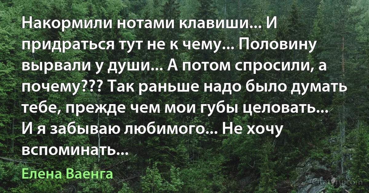 Накормили нотами клавиши... И придраться тут не к чему... Половину вырвали у души... А потом спросили, а почему??? Так раньше надо было думать тебе, прежде чем мои губы целовать... И я забываю любимого... Не хочу вспоминать... (Елена Ваенга)