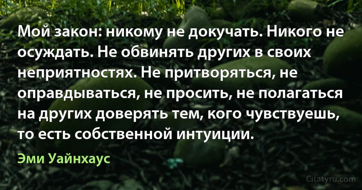 Мой закон: никому не докучать. Никого не осуждать. Не обвинять других в своих неприятностях. Не притворяться, не оправдываться, не просить, не полагаться на других доверять тем, кого чувствуешь, то есть собственной интуиции. (Эми Уайнхаус)