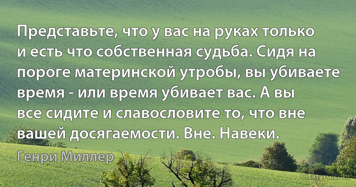 Представьте, что у вас на руках только и есть что собственная судьба. Сидя на пороге материнской утробы, вы убиваете время - или время убивает вас. А вы все сидите и славословите то, что вне вашей досягаемости. Вне. Навеки. (Генри Миллер)