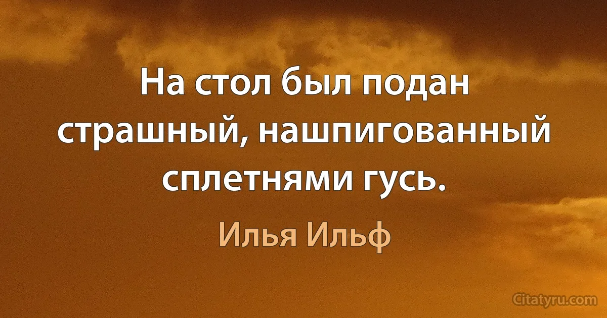 На стол был подан страшный, нашпигованный сплетнями гусь. (Илья Ильф)