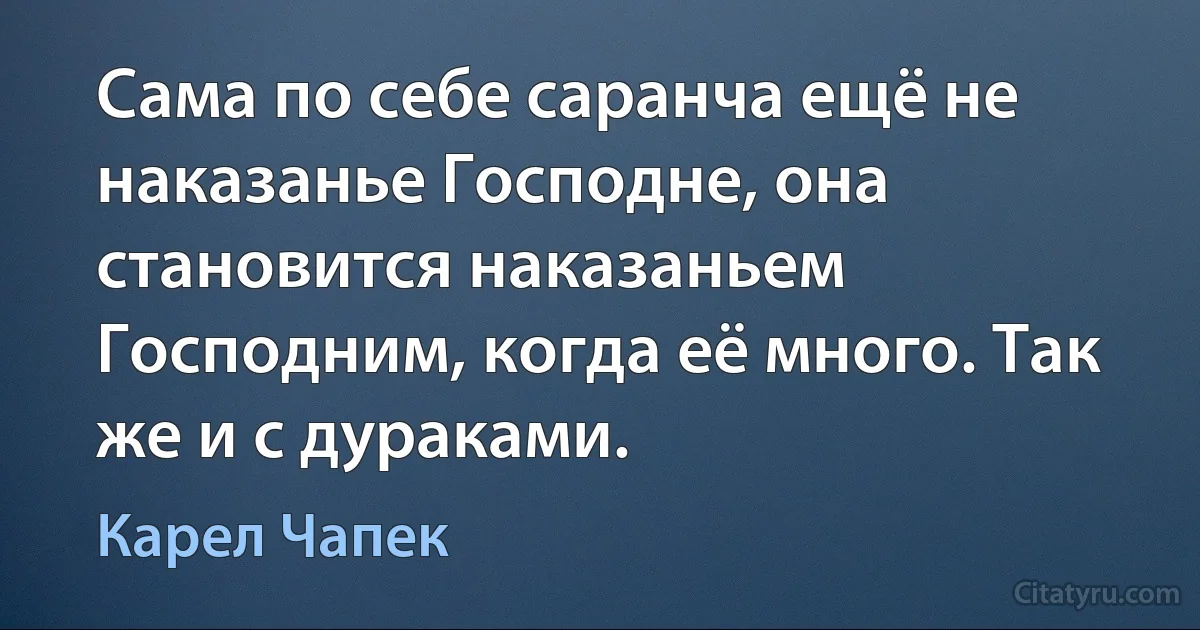 Сама по себе саранча ещё не наказанье Господне, она становится наказаньем Господним, когда её много. Так же и с дураками. (Карел Чапек)