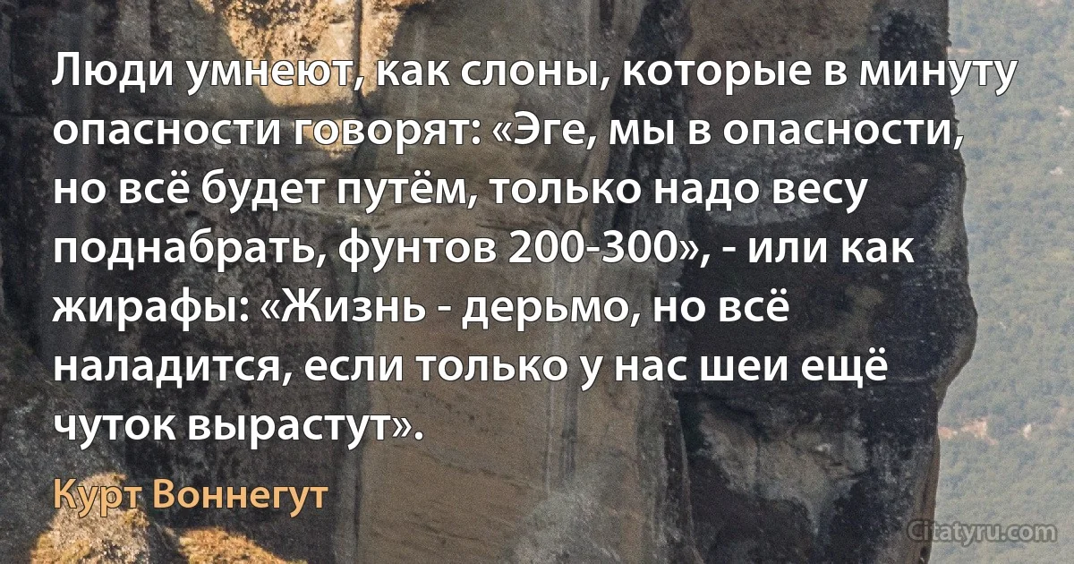 Люди умнеют, как слоны, которые в минуту опасности говорят: «Эге, мы в опасности, но всё будет путём, только надо весу поднабрать, фунтов 200-300», - или как жирафы: «Жизнь - дерьмо, но всё наладится, если только у нас шеи ещё чуток вырастут». (Курт Воннегут)