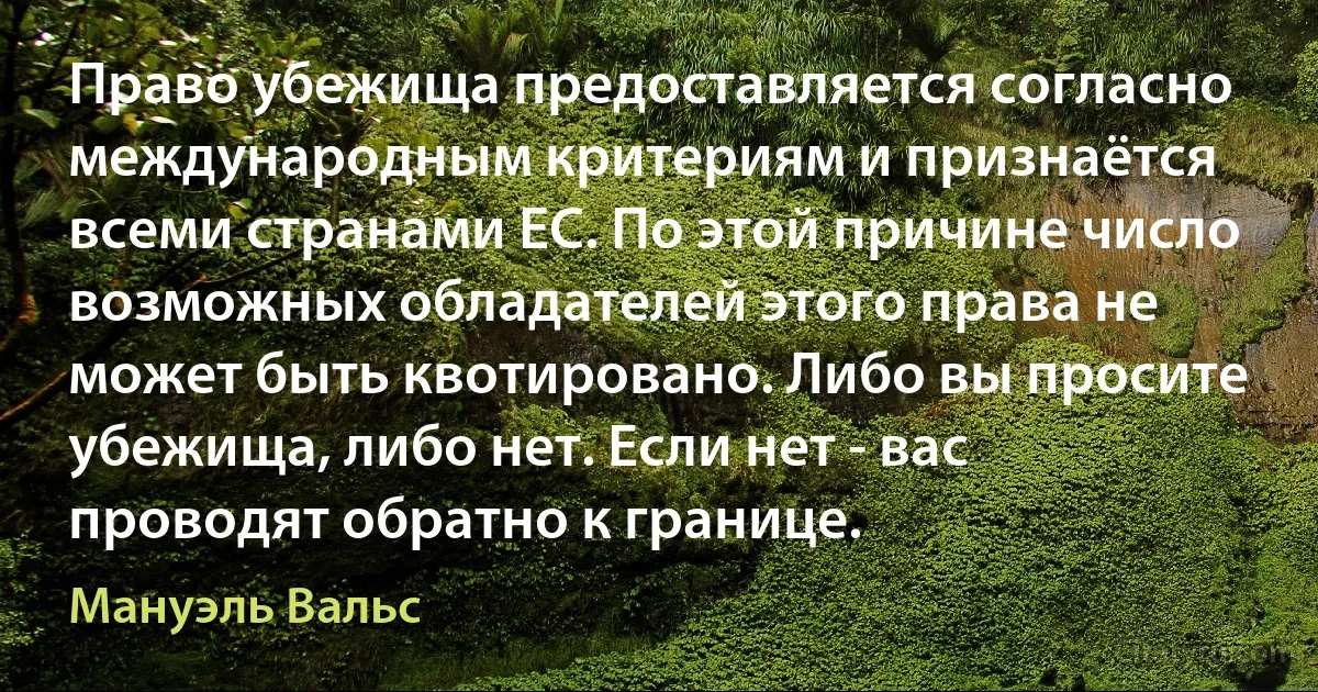 Право убежища предоставляется согласно международным критериям и признаётся всеми странами ЕС. По этой причине число возможных обладателей этого права не может быть квотировано. Либо вы просите убежища, либо нет. Если нет - вас проводят обратно к границе. (Мануэль Вальс)